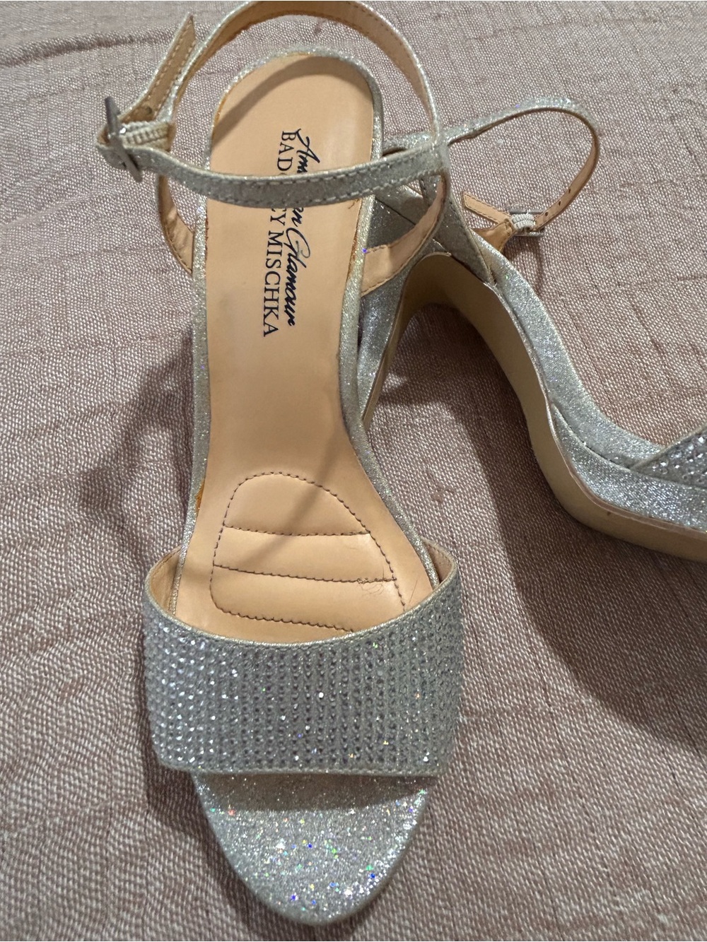 Badgley Mischka Silver Glitter Evening Sandals-Size 6